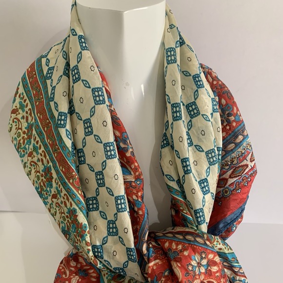 100% Silk Scarf Shawl Tassels Red Teal Ivory Floral Boho Global Artisan Wrap - Picture 3 of 14